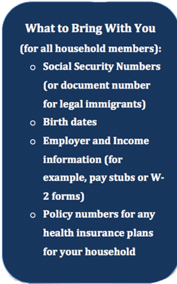 What To Bring With You (for all household members) 1) Social Security Numbers (or document number for legal immigrants) 2) Birth dates 3) Employer and Income information (for example, pay stubs or W- 2 forms) 4) Policy numbers for any health insurance plans for your household